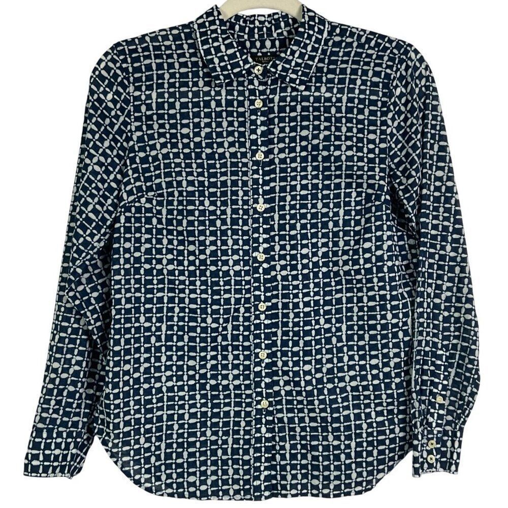 Talbots Shibori Batik Grid Print Button-down Blouse, Navy blue/White, Pet. Small